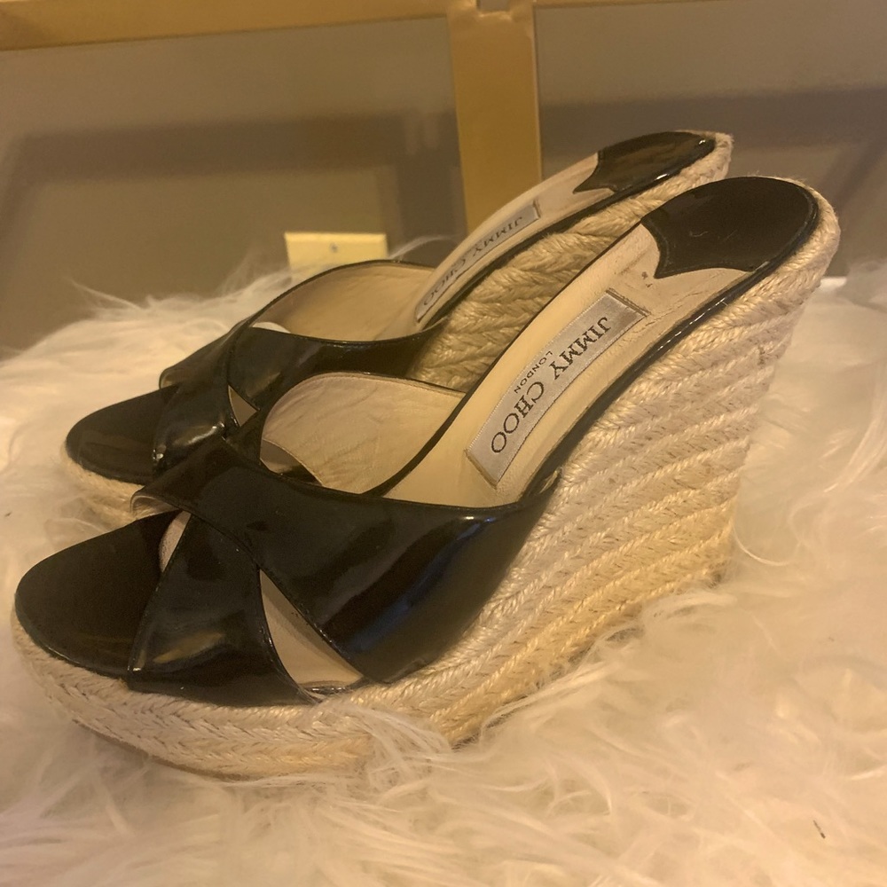 Jimmy Choo black patent leather wedges size 38 1/2